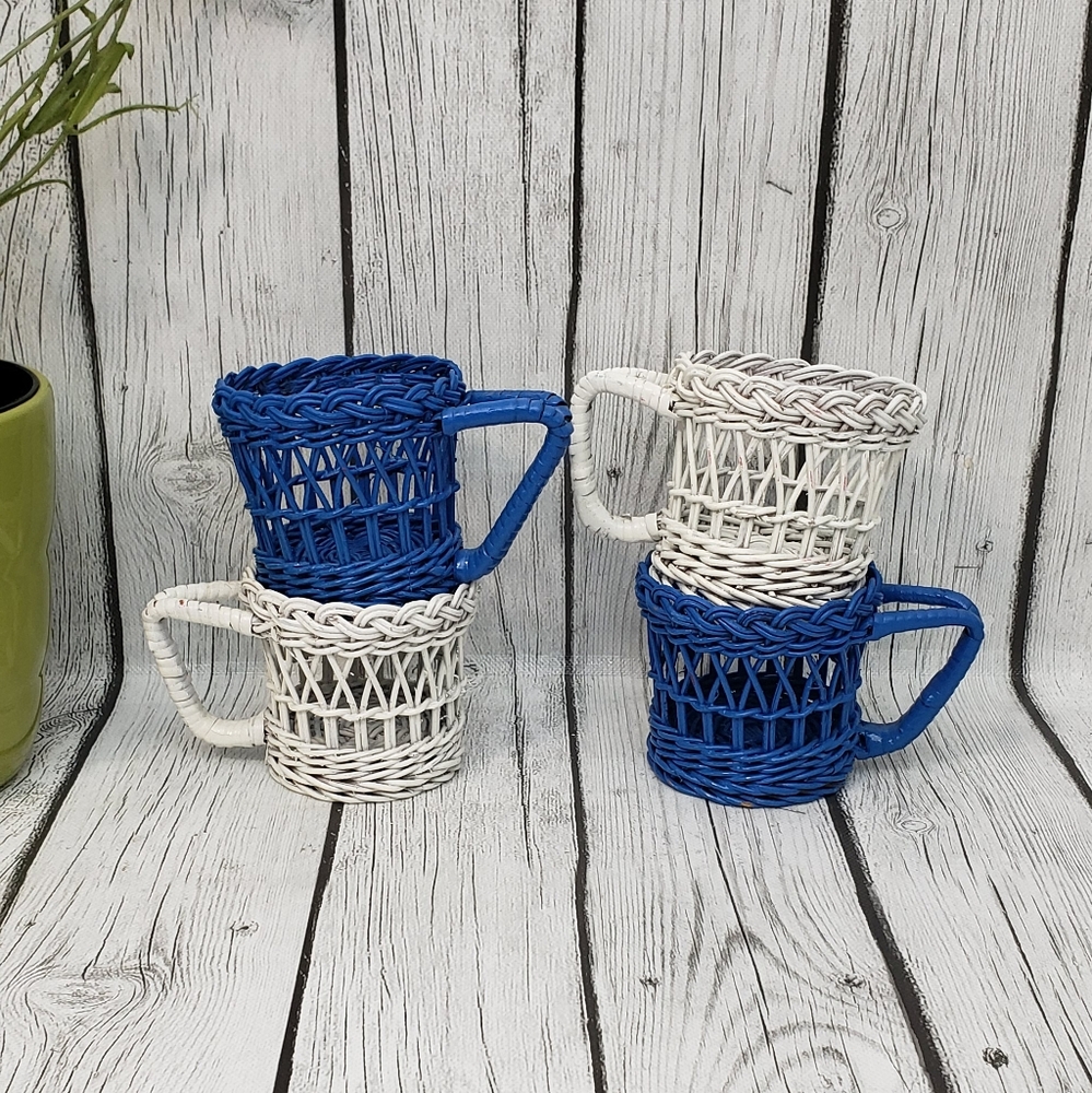 Vtg. Cottage Blue & White Wicker/Rattan Sleeves, Set of 4